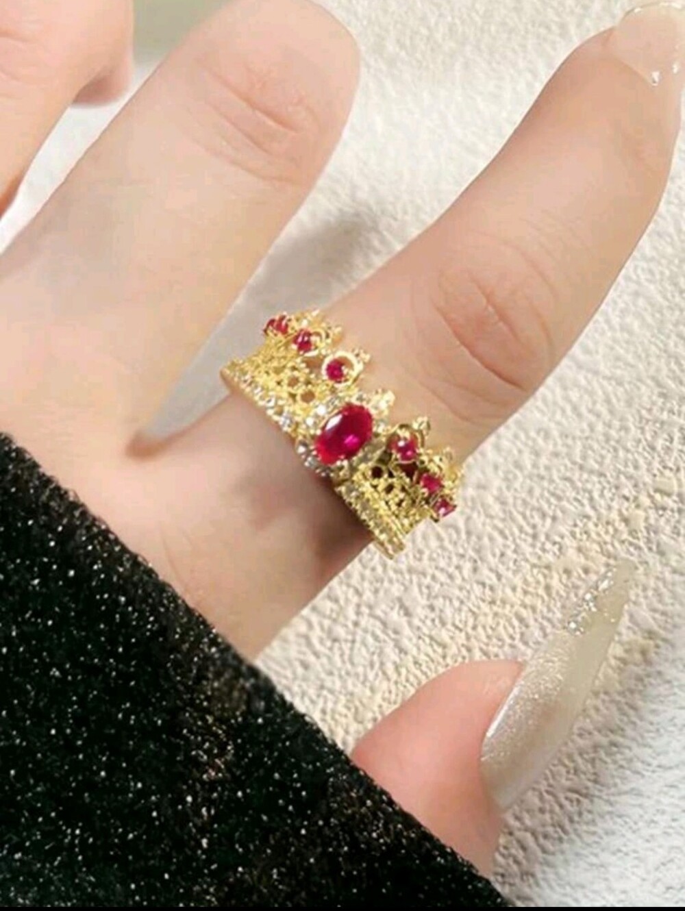 BRAND NEW ** Gold-Tone Crown Cuff Ring with Red Gem Accents